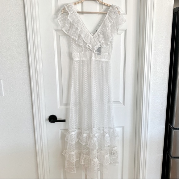 🤍 ANTHROPOLOGIE White Ruffle Sheer Mesh Maxi Dress Small Petite SP - Picture 5 of 15